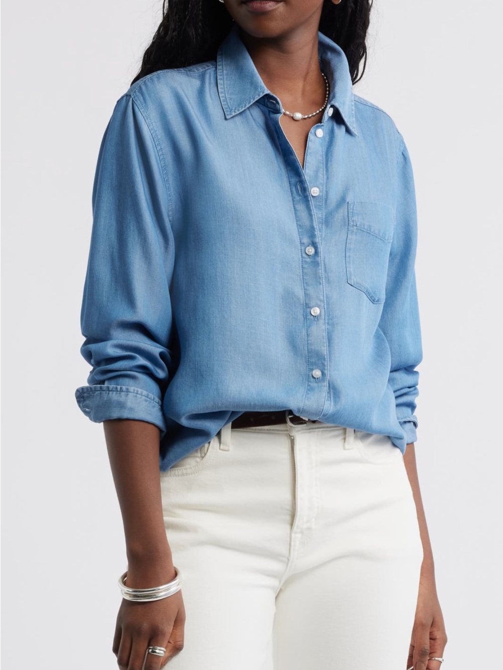 Caslon Light Blue Chambray Denim Shirt - Women's High-Rise Style
